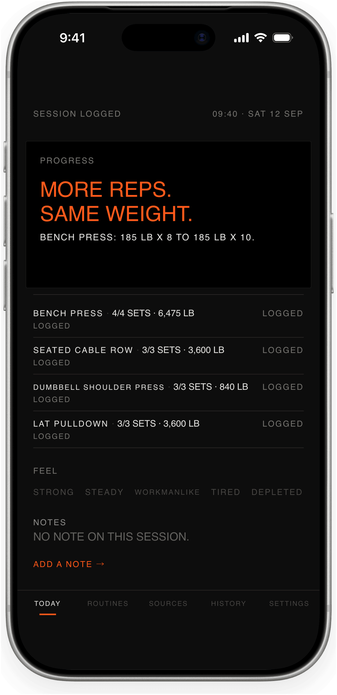 OneMore Progress showing more reps at the same weight in approved iPhone product photography.