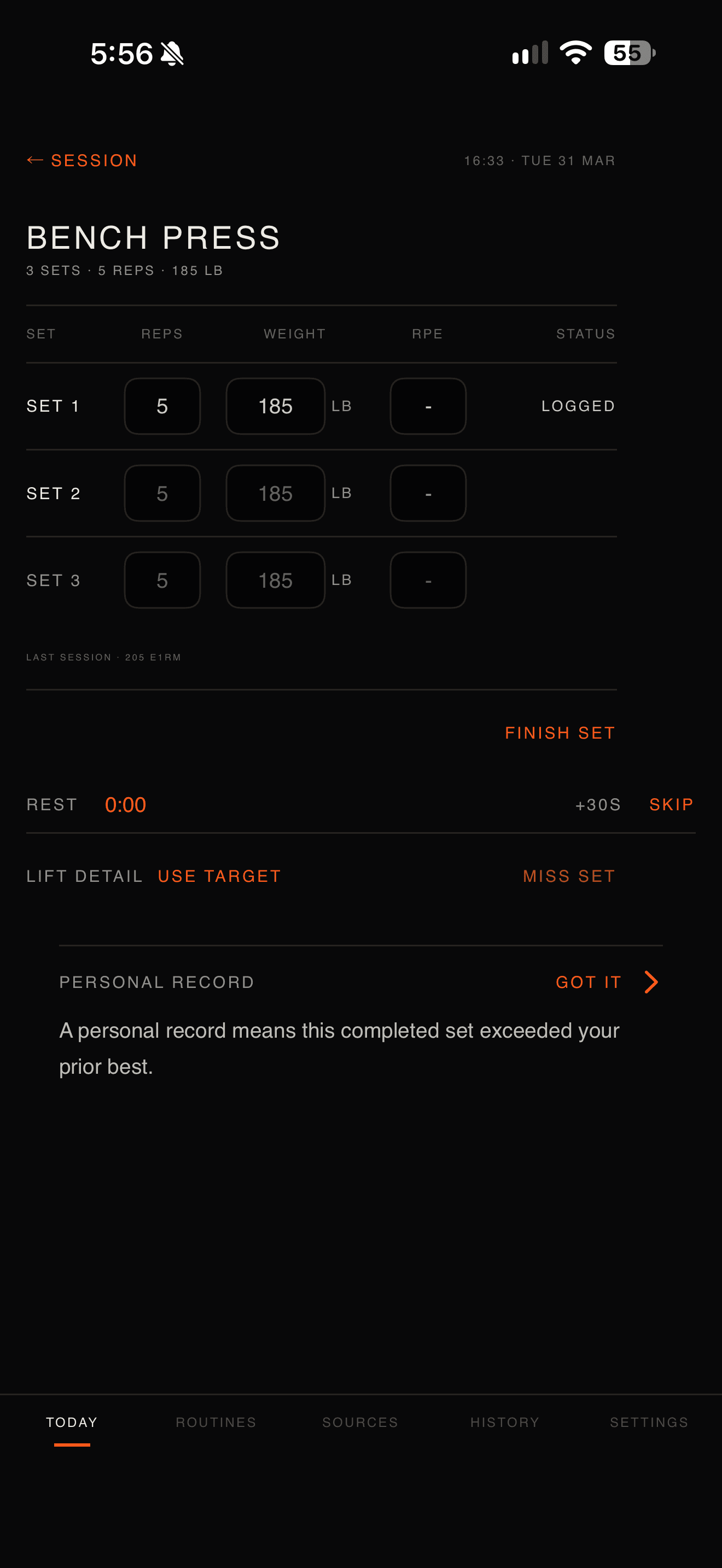 OneMore Active Session screen showing a routine-based workout in progress.