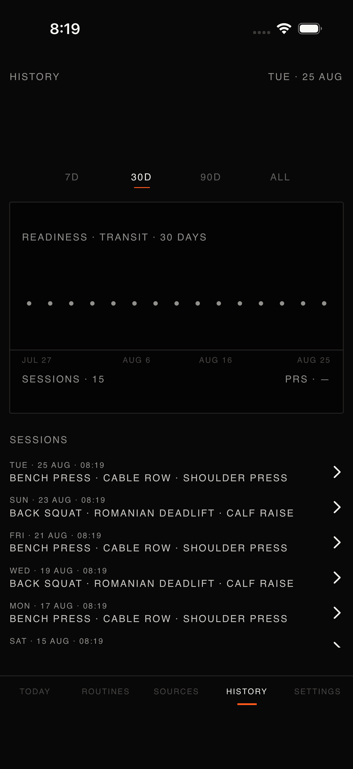 OneMore History screen captured from the current iOS build.