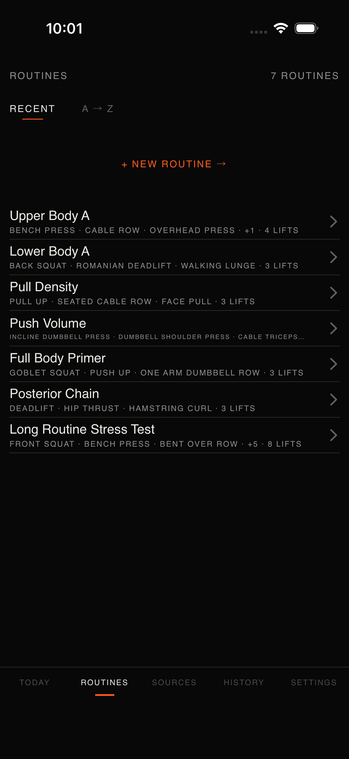 OneMore Routines screen captured from the current iOS build.