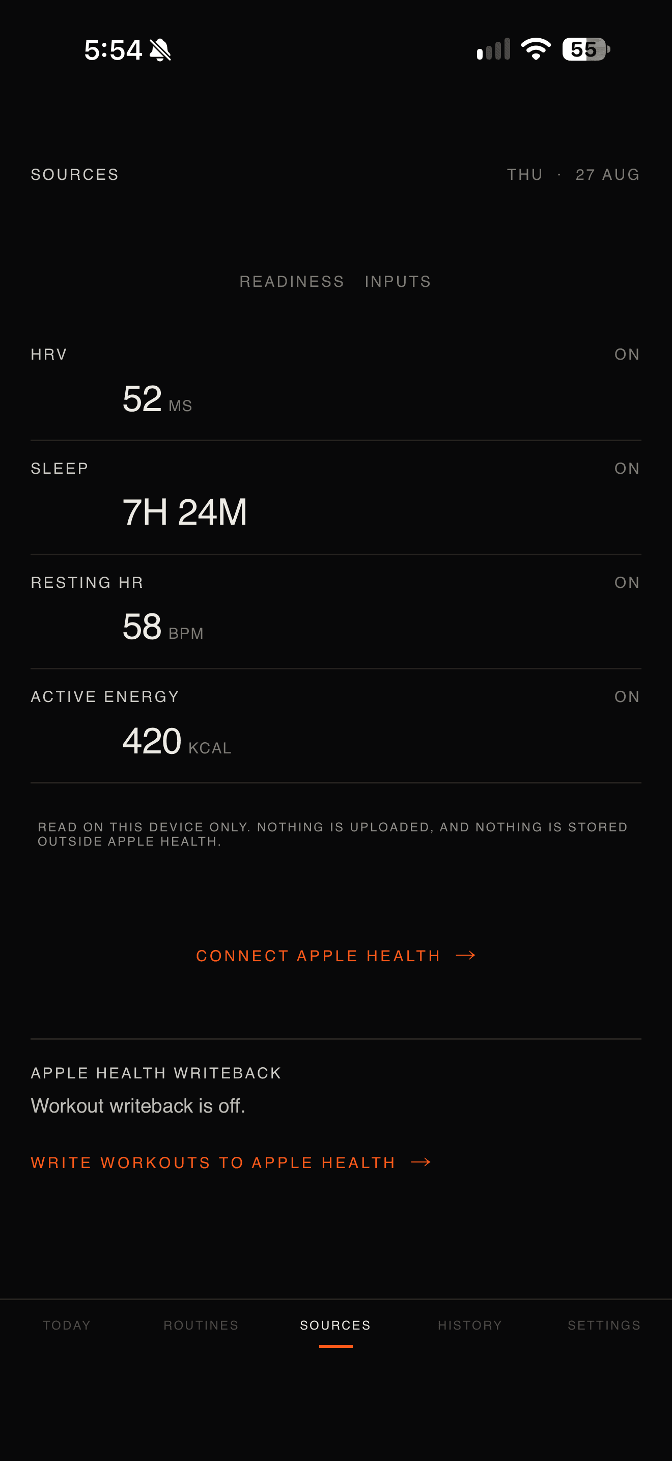 OneMore Sources screen showing signal inputs behind the current training decision.